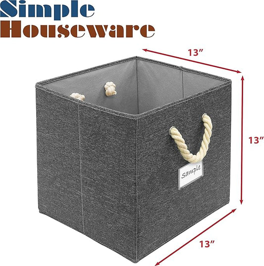 SIMPLE HOUSEWARE 13-Inch Cube Storage Bin With Braided Handles, 3 Pack, Dark Gray