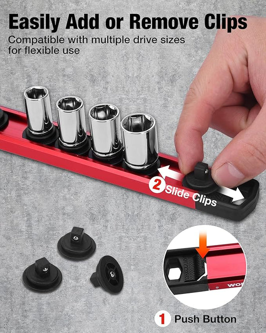 WORKPRO Magnetic Socket Organizer Set, 1/2" 3/8" 1/4" Drive Aluminum Alloy Socket Holder with Removable Socket Clip for Quick Customization, 3PC Socket Rail for Tool Box Drawer (Socket Excluded)