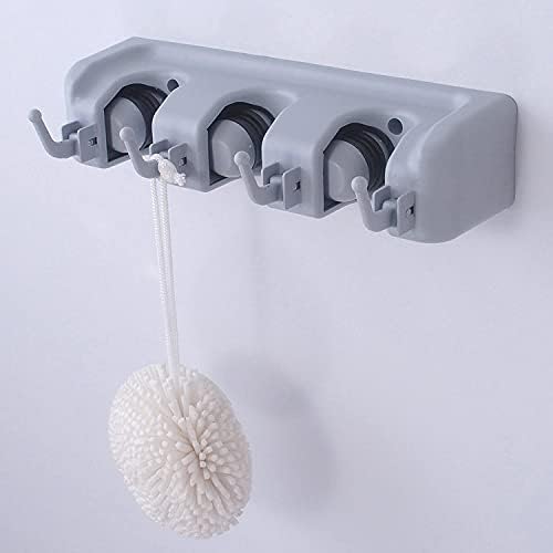 Mop and Broom Holder Broom Hanger Wall Mounted Home Garden Garage Tool Organizer Storage Rack 3 Slots with 4 Hooks,Grey