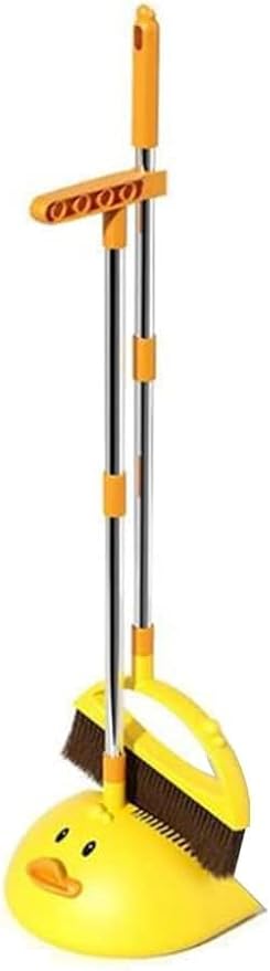 Cute Duck Cleaning Broom and Dustpan Set with Long Handle Stand Up Broom and Dustpan for Home Kitchen Room Office, Outdoor Indoor (Yellow)
