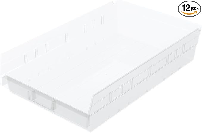 Akro-Mils 30178 Plastic Shelf Bins, Heavy Duty Storage Bins for Garage, Closet, and Drawer Organization, 18-Inch x 11-Inch x 4-Inch, Clear, 12-Pack