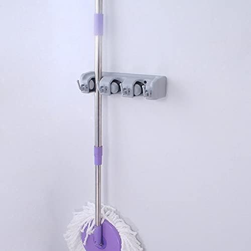 Mop and Broom Holder Broom Hanger Wall Mounted Home Garden Garage Tool Organizer Storage Rack 3 Slots with 4 Hooks,Grey