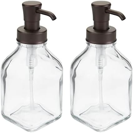 mDesign Square Glass Refillable Liquid Soap Dispenser Pump Bottle for Bathroom Vanity Countertop, Kitchen Sink - Holds Hand Soap, Dish Soap, Hand Sanitizer, Essential Oils - 2 Pack - Clear/Bronze