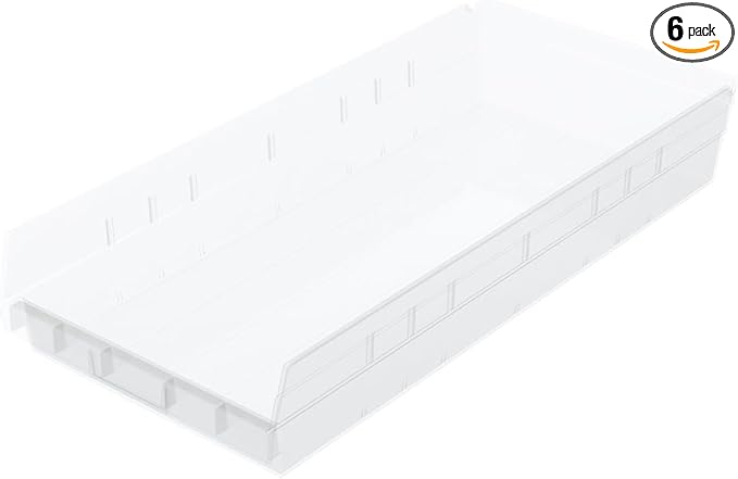Akro-Mils 30174 Plastic Shelf Bins, Heavy Duty Storage Bins for Garage, Closet, and Drawer Organization, 24-Inch x 11-Inch x 4-Inch, Clear, 6-Pack