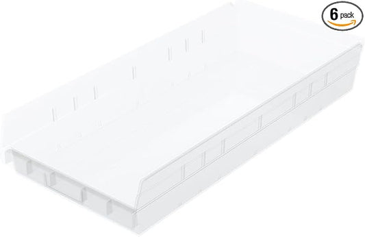 Akro-Mils 30174 Plastic Shelf Bins, Heavy Duty Storage Bins for Garage, Closet, and Drawer Organization, 24-Inch x 11-Inch x 4-Inch, Clear, 6-Pack