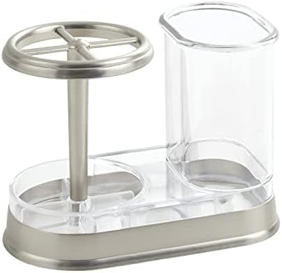 mDesign Decorative Bathroom Dental Storage Organizer Holder Stand for Electric Spin Toothbrush/Toothpaste - Compact Design for Countertop and Vanity, Holds 4 Standard Brushes - Clear/Brushed