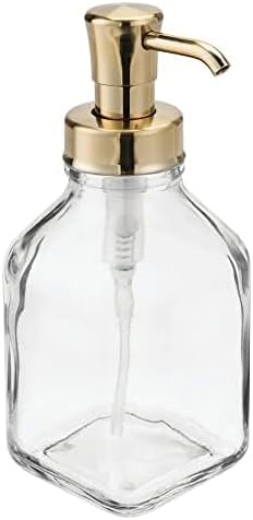 mDesign Square Glass Refillable Liquid Soap Dispenser Pump Bottle for Bathroom Vanity Countertop, Kitchen Sink - Holds Hand Soap, Dish Soap, Hand Sanitizer, Essential Oils - 2 Pack - Clear/Soft Brass