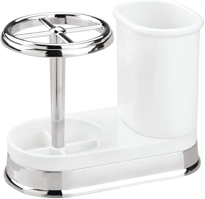 mDesign Decorative Bathroom Dental Storage Organizer Holder Stand for Electric Spin Toothbrush/Toothpaste - Compact Design for Countertop and Vanity, Holds 4 Standard Brushes - White/Chrome