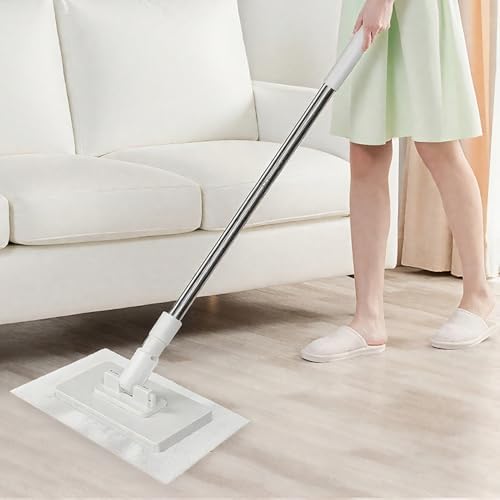 Disposable Dust Mop with Pressure Clamping System, 39 inch Long Handle Wet and Dry Flat Mopping Sweeper Stick with Locking Head & Sweeping Cloths for Multi Surface Floor Cleaning (1 mop+5 Clothes)