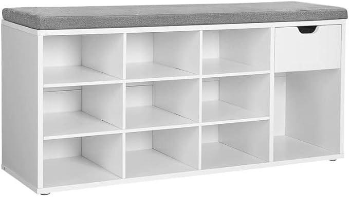 VASAGLE CUSTOS Collection - Storage Bench, Entryway Bench with Cushion, Drawer and Open Compartments, Bench with Storage, Living Room, Bedroom, Closet, White and Gray ULHS24WT