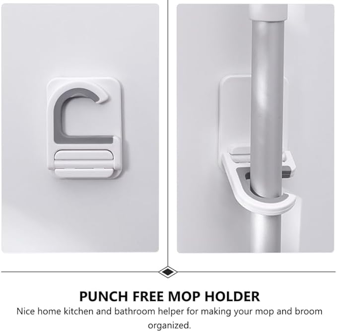 Punch Free Mop Hooks 3-Pack Adhesive Wall Mounted Mop Holder for Brooms Cleaning Tools Foldable No Drilling Waterproof Organizer for Kitchen Bathroom