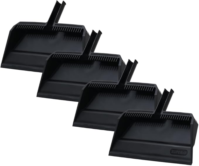 Superio 4-Pack Wide Plastic Dustpan with Comb - 16" Wide, Rubber Lip, Broom Handle Clip, Black