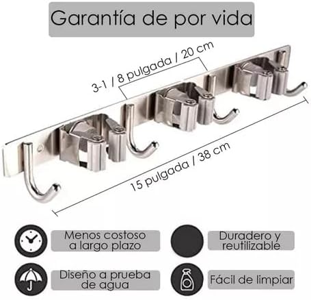 3 Racks and 4 Hooks Mop and Broom Holder, Wall Mounted Broom Organizer Stainless Steel Heavy Duty Hooks Self Adhesive Broom Hanger for Kitchen Laundry Garden Garage