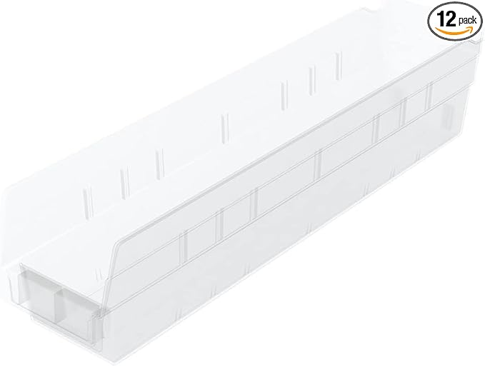 Akro-Mils 30128 Plastic Shelf Bins, Heavy Duty Storage Bins for Garage, Closet, and Drawer Organization, 18-Inch x 4-Inch x 4-Inch, Clear, 12-Pack