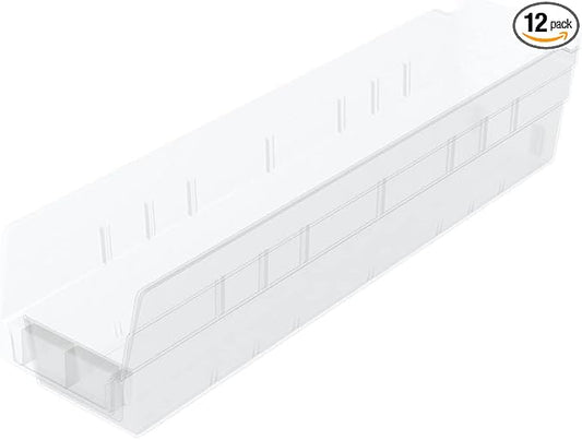 Akro-Mils 30128 Plastic Shelf Bins, Heavy Duty Storage Bins for Garage, Closet, and Drawer Organization, 18-Inch x 4-Inch x 4-Inch, Clear, 12-Pack