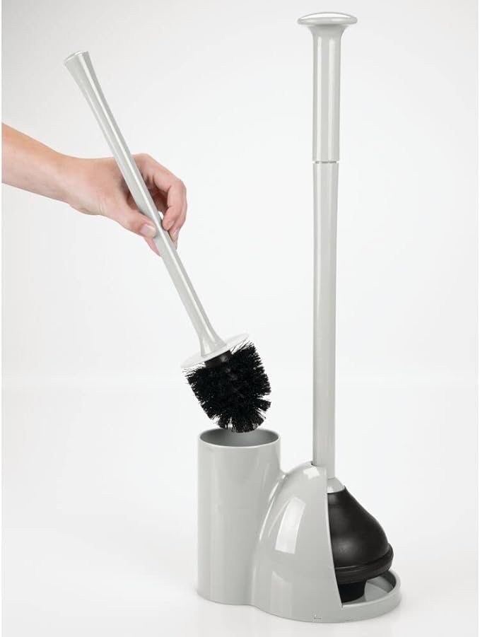 mDesign Hidden Plunger and Brush Set for Toilet Bowl - Brush Cleaner and Plunger Combo with Holder Caddy for Bathroom - Modern Toilet Brush and Plunger Set - Aura Collection - Light Gray