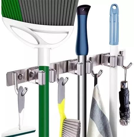 3 Racks and 4 Hooks Mop and Broom Holder, Wall Mounted Broom Organizer Stainless Steel Heavy Duty Hooks Self Adhesive Broom Hanger for Kitchen Laundry Garden Garage
