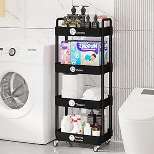 Laiensia 4-Tier Rolling Cart with Wheels,Multifunction Utility Storage Carts, Kitchen Storage Organizer,Mobile Shelving Unit for Bathroom,Laundry,with Classified Stickers,Black
