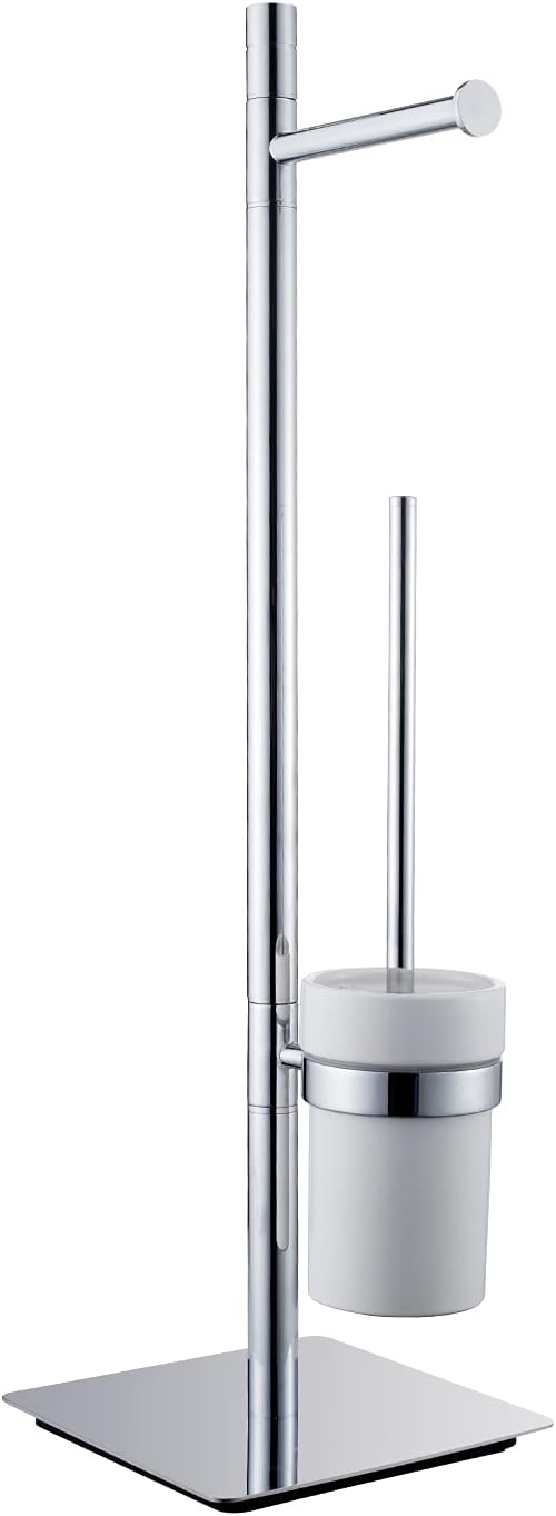 Freestanding Toilet Brush and Paper Holder Set Superior Hotel Luxury Style Join Roll Paper and Toilet Brush Non-Skid Sturdy Floor Stand Brass Chrome with White Ceramic Cup