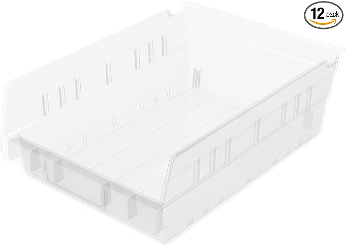 Akro-Mils 30150 Plastic Shelf Bins, Heavy Duty Storage Bins for Garage, Closet, and Drawer Organization, 12-Inch x 8-Inch x 4-Inch, Clear, 12-Pack