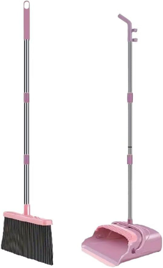 Upright Broom and Dustpan Set - Long Handle for No-Bending Comfort, 3 Rows Dense Bristles for Deep Sweeping, Suitable for Home, Office, Kitchen, Lobby, Shop, Indoor & Outdoor Spaces, Pink & Purple