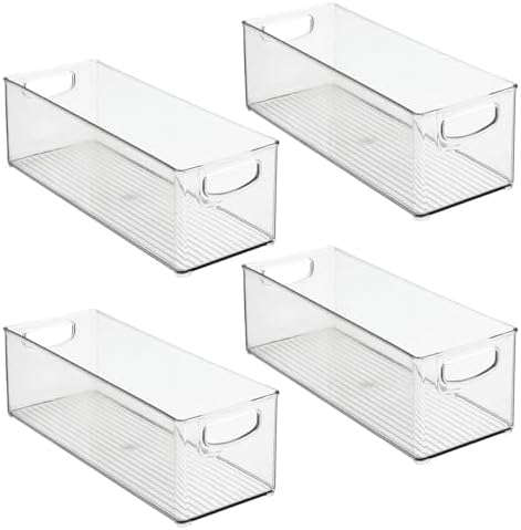 mDesign Plastic Stackable Kitchen Organizer - Storage Bin with Handles for Refrigerator, Freezer, Cabinet, and Pantry Shelves Organization - Food Container - Ligne Collection - 4 Pack - Clear
