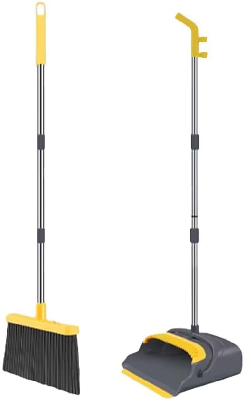 Broom and Dustpan Set with Long Handle - Upright Dustpan & 3 Rows Dense Bristles, Ideal for Home, Office, Kitchen, Lobby, Shop, All-Purpose Indoor & Outdoor Sweeping,Gray&Yellow