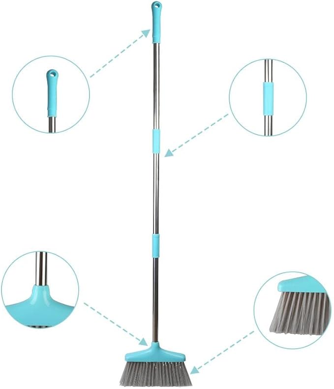 FGY Broom and Dustpan Set 48" Long Handle Broom and Collapsible Dust Pan Combo for Home Office Kitchen (Blue)