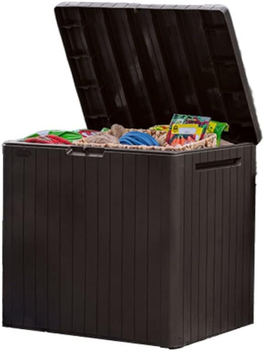 Keter City 30 Gallon Resin Outdoor Storage Box and Patio Furniture Side Table for Pool and Garden Accessories, Brown