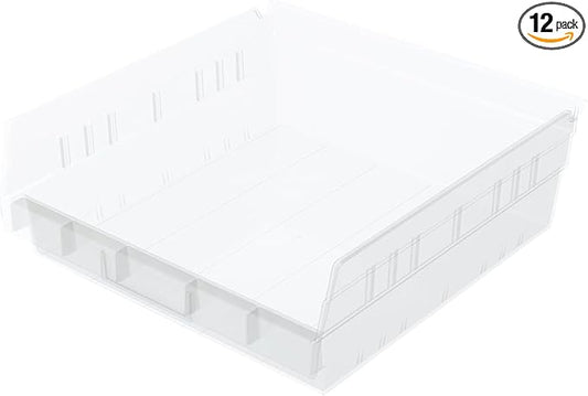 Akro-Mils 30170 Plastic Shelf Bins, Heavy Duty Storage Bins for Garage, Closet, and Drawer Organization, 12-Inch x 11-Inch x 4-Inch, Clear, 12-Pack