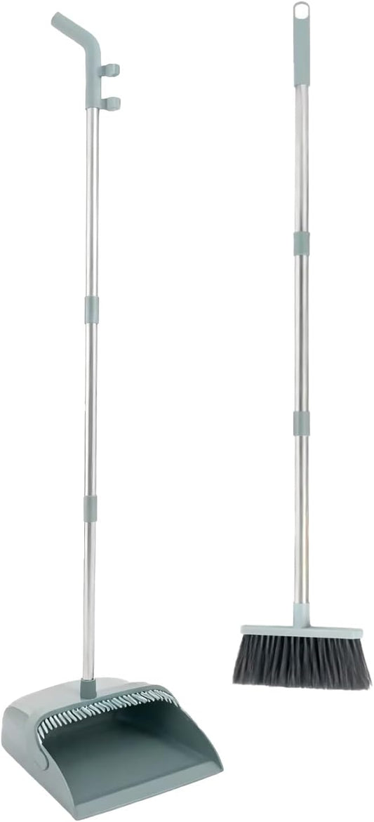 Upgrade Broom and Dustpan Combo Set - 3 Row Bristles & Extended Handles for No Bending, Self-Cleaning Dustpan Teeth, Stand-Up Storage, Indoor & Outdoor Sweeping (Bean Green)