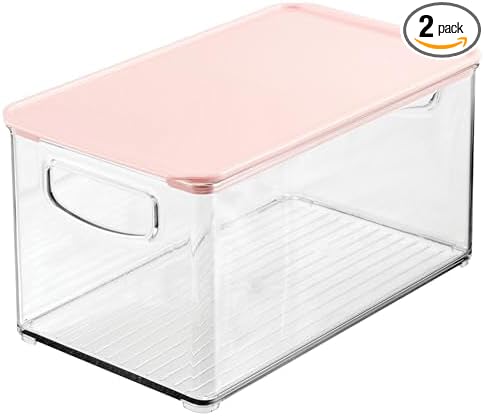 mDesign Deep Plastic Bathroom Storage Bin Box, Lid/Built-in Handles, Organization for Makeup, Hair Styling Tools, Toiletry Accessories in Cabinet, Shelves, Ligne Collection, 2 Pack, Clear/Pink