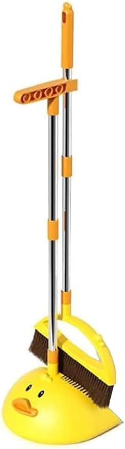 Cute Duck Cleaning Broom and Dustpan Set with Long Handle Stand Up Broom and Dustpan for Home Kitchen Room Office, Outdoor Indoor (Yellow)
