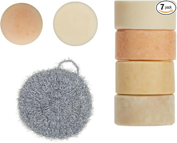 Handmade Natural Solid Dish Soap Bar 6PCS with Hand Made Scrubber, Paprika, Oatmeal, Coffee, Pumpkin, Solid dish washing bar, Natural ingedients, Vegan Dishwashing Block, 1 Crochet Scrubber