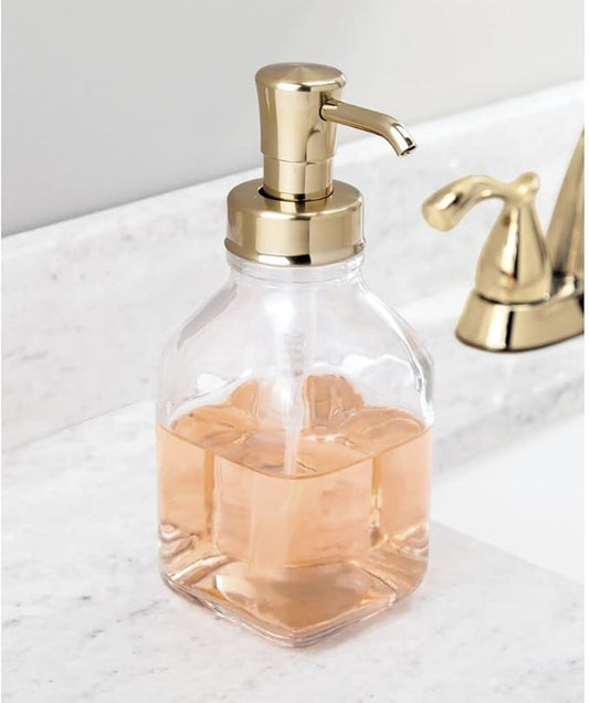 mDesign Square Glass Refillable Liquid Soap Dispenser Pump Bottle for Bathroom Vanity Countertop, Kitchen Sink - Holds Hand Soap, Dish Soap, Hand Sanitizer, Essential Oils - 2 Pack - Clear/Soft Brass