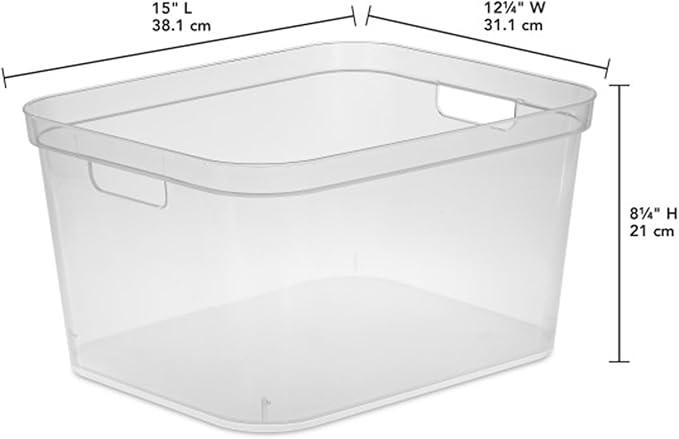Sterilite 8.25x12.25x15 Inch Modern Polished Storage Bin w/Comfortable Carry Through Handles & Banded Rim for Household Organization, Clear (18 Pack)