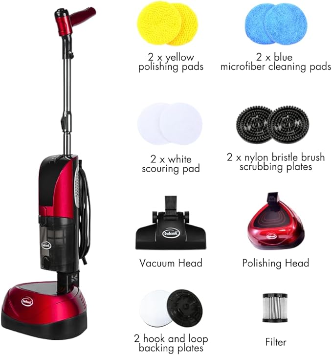 Ewbank EPV1100 4-in-1 Floor Cleaner, Scrubber, Polisher and Vacuum, Red Finish, 23-Foot Power Cord