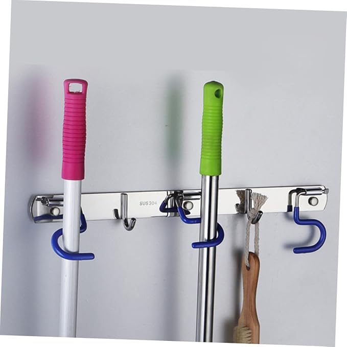 304 Stainless Steel Mop Broom Holder Wall-Mounted Organizer Hooks Heavy Duty Mop Hanger for Kitchen and Bathroom Easy Installation No Drill Required