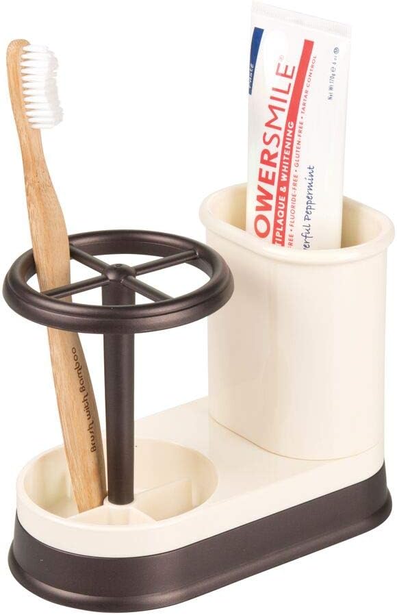 mDesign Decorative Bathroom Dental Storage Organizer Holder Stand for Electric Spin Toothbrush/Toothpaste - Compact Design for Countertop and Vanity, Holds 4 Standard Brushes - Vanilla/Bronze