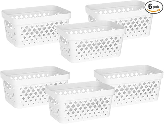 Glad Plastic Baskets for Organizing, Set of 6 | Pantry Storage for Under Counter, Linen Closet, and Bathroom | Nesting Shelf Bins with Handles, 1 Gallon, White