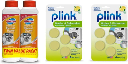 Glisten Washer Magic Washing Machine Cleaner and Deodorizer 2 Bottles and Plink Freshener Tabs 2-Pack