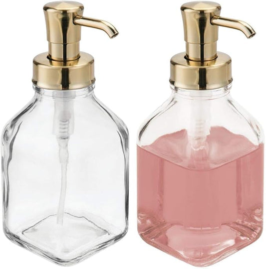 mDesign Square Glass Refillable Liquid Soap Dispenser Pump Bottle for Bathroom Vanity Countertop, Kitchen Sink - Holds Hand Soap, Dish Soap, Hand Sanitizer, Essential Oils - 2 Pack - Clear/Soft Brass