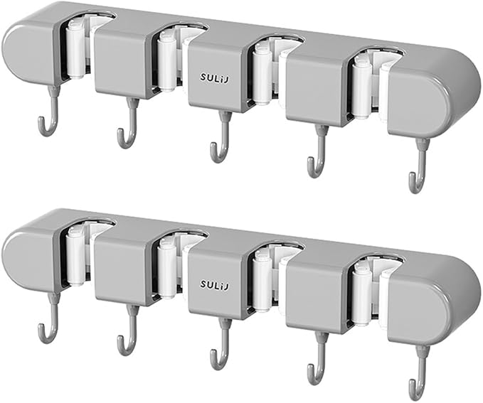 Mop Broom Holder Wall Mounted, 5 Racks and 4 Hooks Punch Free Mop and Broom Holder Wall Mount Broom Rack, Heavy Duty Hooks Self Adhesive Solid Non-slip for Home Kitchen Garden Laundry (2, Grey)