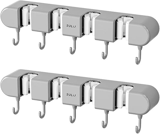 Mop Broom Holder Wall Mounted, 5 Racks and 4 Hooks Punch Free Mop and Broom Holder Wall Mount Broom Rack, Heavy Duty Hooks Self Adhesive Solid Non-slip for Home Kitchen Garden Laundry (2, Grey)