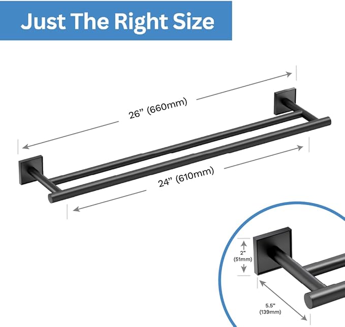 Gatco 5614MX Mode Double Towel Bar, Matte Black/Wall Mounted 24 Inch Double Towel Holder Rack for Bathroom