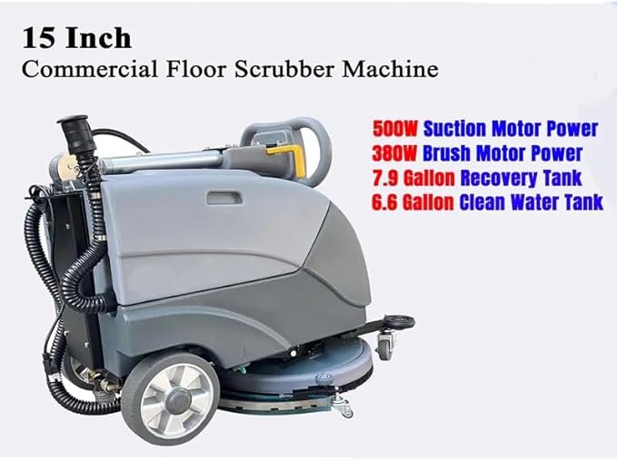 Commercial Floor Scrubber Machine with brushes， 15" Brush 8 Gal Foldable and Portable Scrubber Walk-Behind cleaning machine ，180 Degree Rotation，floor scrubbing, floor cleaner machine