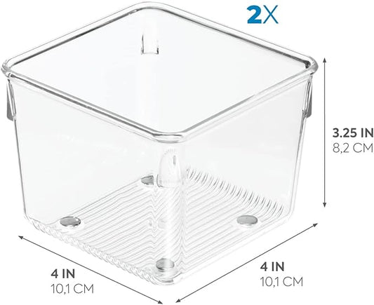 iDesign Linus Plastic Kitchen Drawer Organizer for Silverware, Spatulas, Cutlery, Gadgets, Office Supplies, Cosmetics, 4" x 4" x 3", Set of 2, Clear