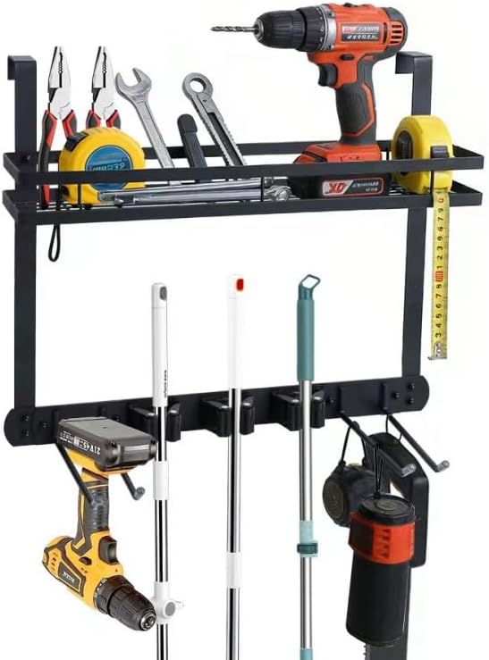 Broom Holder Door Mount,Door Mounted Broom and Mop Holder with Dual Tool Hooks, Three Slots, and One Tool Storage Basket For Laundry Room, Garage, Closet, warehouse, Kitchen Decor (black)