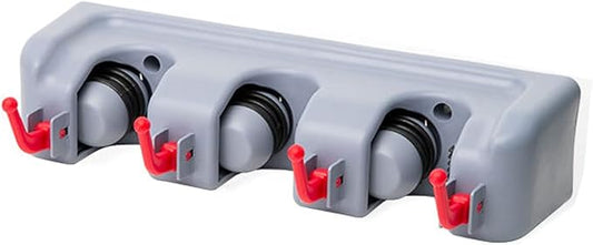 Broom and Mop Holder Wall Mount -Mop and Broom Storage Rack Wall Mounted Utility Rack (3 Slots 4 Hooks-Grey+Red)