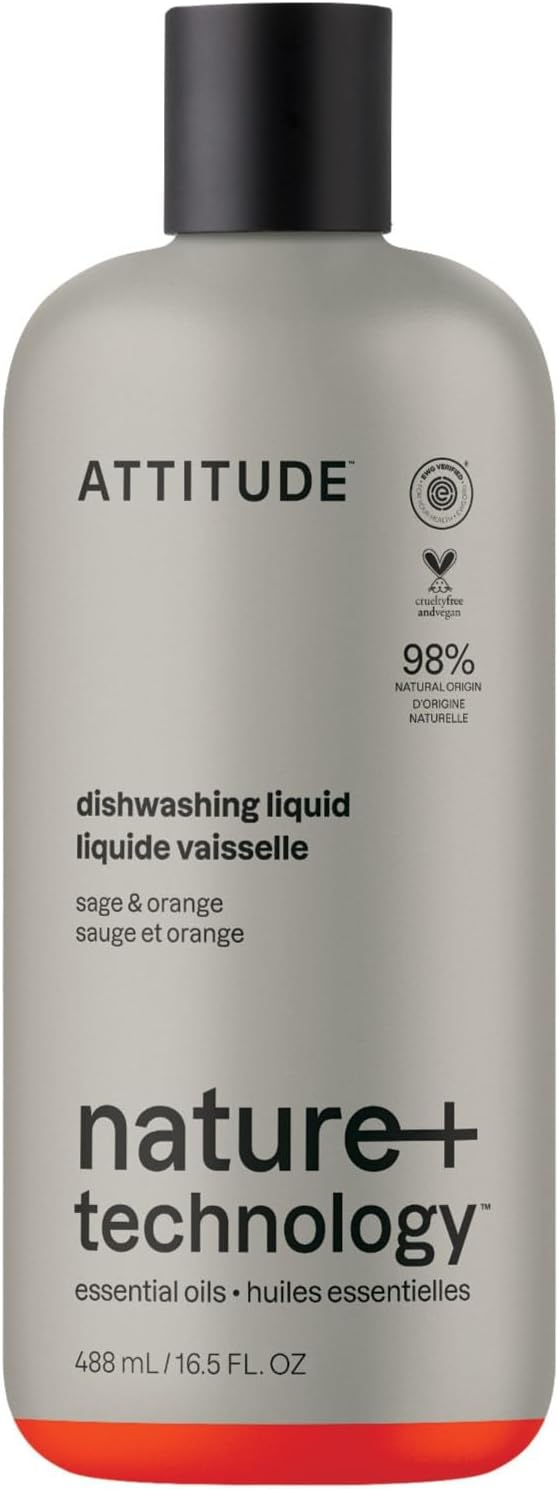 ATTITUDE Dish Soap, Infused with Essential Oils, Plant-Based Ingredients, EWG Verified, Great for Clean and Sparkling Dishes, Vegan Dishwashing Liquid, Orange & Sage, 488 mL
